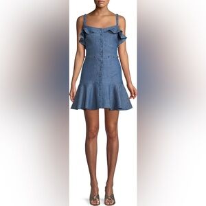 Jodie Button-Front Ruffle Cotton Chambray Dress